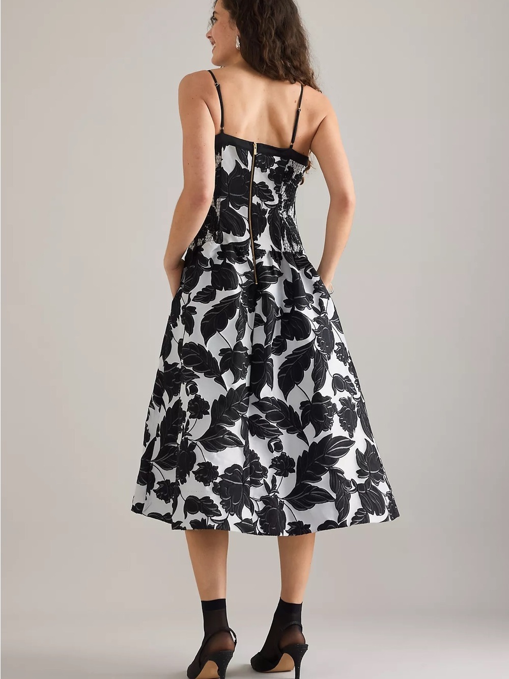 Anthropologie maeve black & white floral jacquard drop waist full cocktail dress - Picture 11 of 12